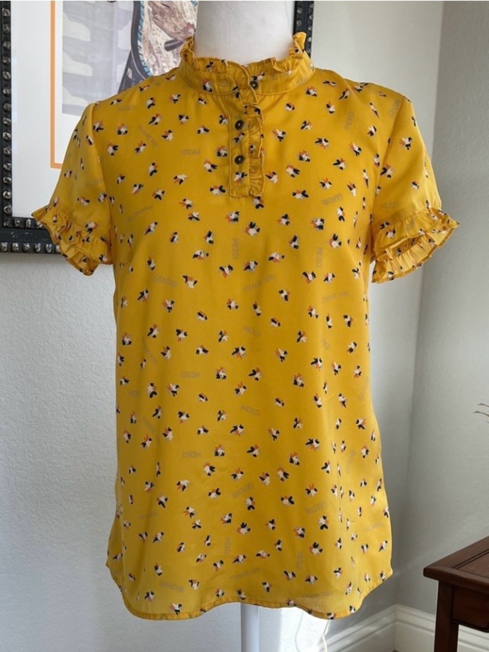 ModCloth Yellow Thank You Gracias Merci Graphic Top Small